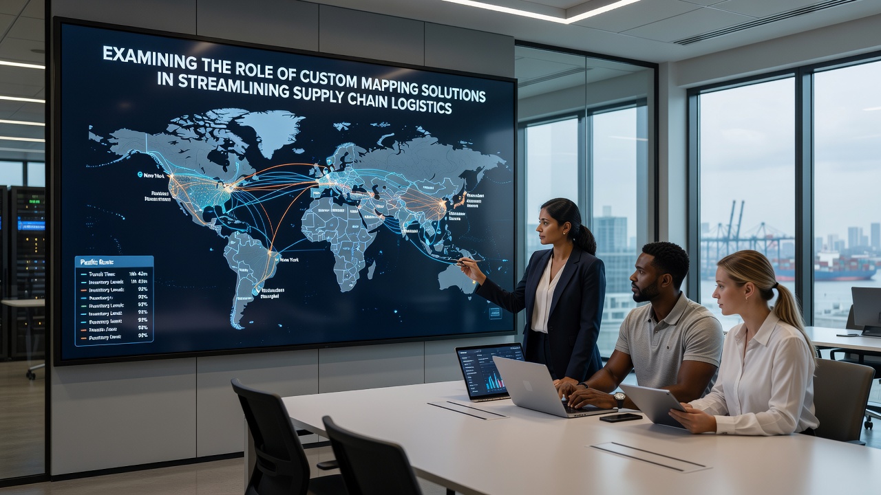 Supply chain team analyzing custom map overlays for warehouse and delivery coordination