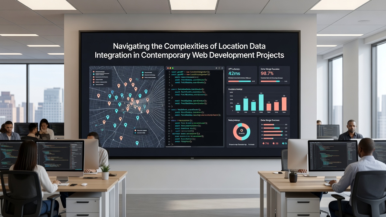 Team collaborating on geolocation API testing and spatial database optimization in an office setting